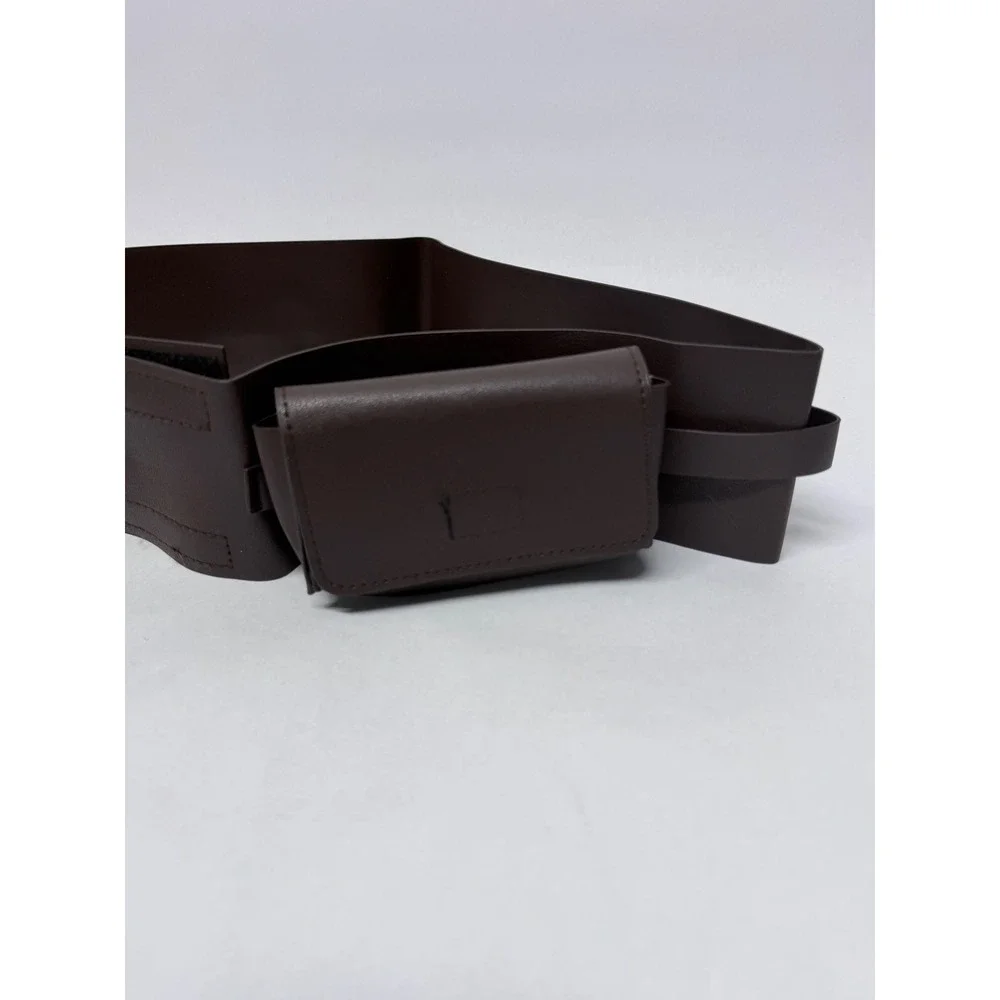 Dark Brown Faux Leather Wide Corset Utility Belt with Removable Pouch SilverTone